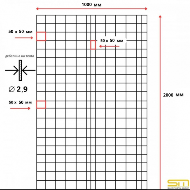 Geschweißtes, verzinktes Gitter 1000х2000cm (Masche 50x50mm) Ø2.9