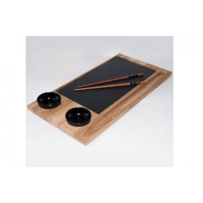 Oak sushi tray with 2 sauce bowls, stone plate and sushi sticks