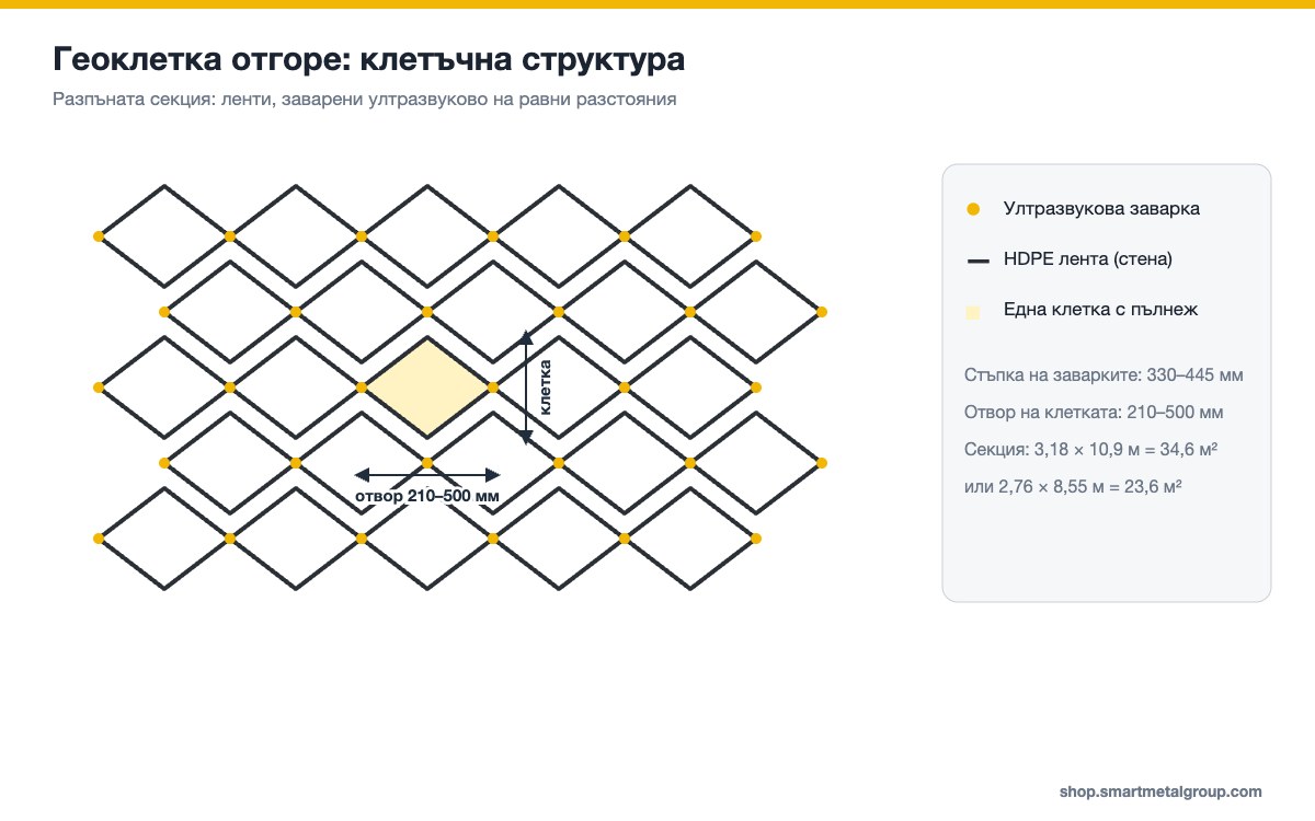 Геоклетка отгоре – клетъчна структура, ултразвукови заварки и отвор на клетката 210–500 мм