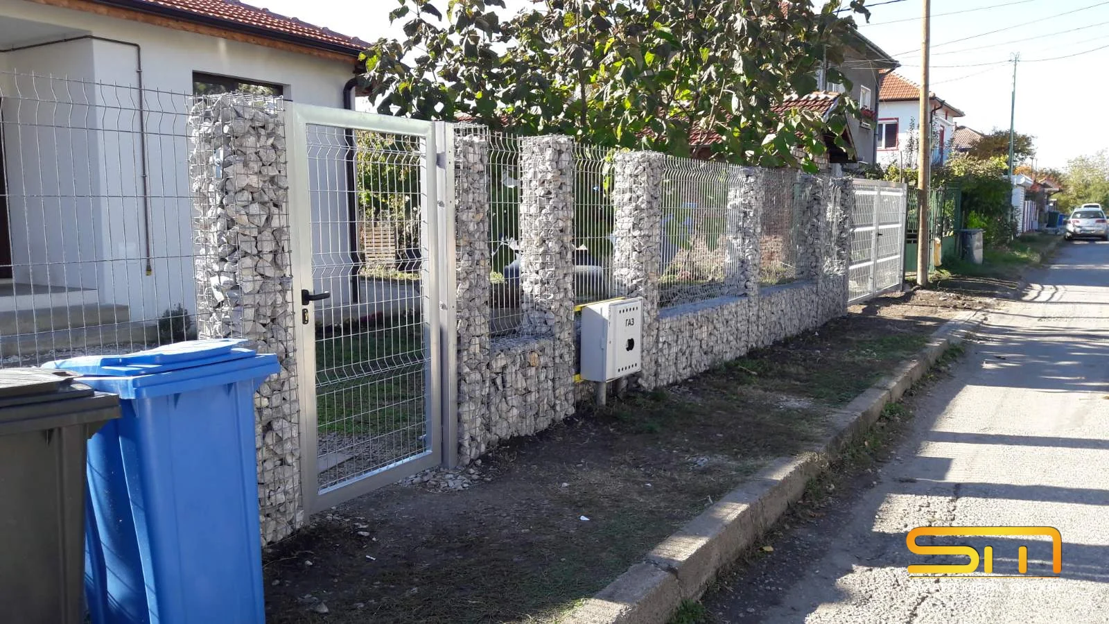 Gabion pillars, fence panels and pedestrian gate at our Kostinbrod project